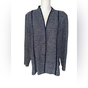 Ming Wang Navy Blue and White Tailored Contrast Trim Tweed Knit Jacket Cardigan